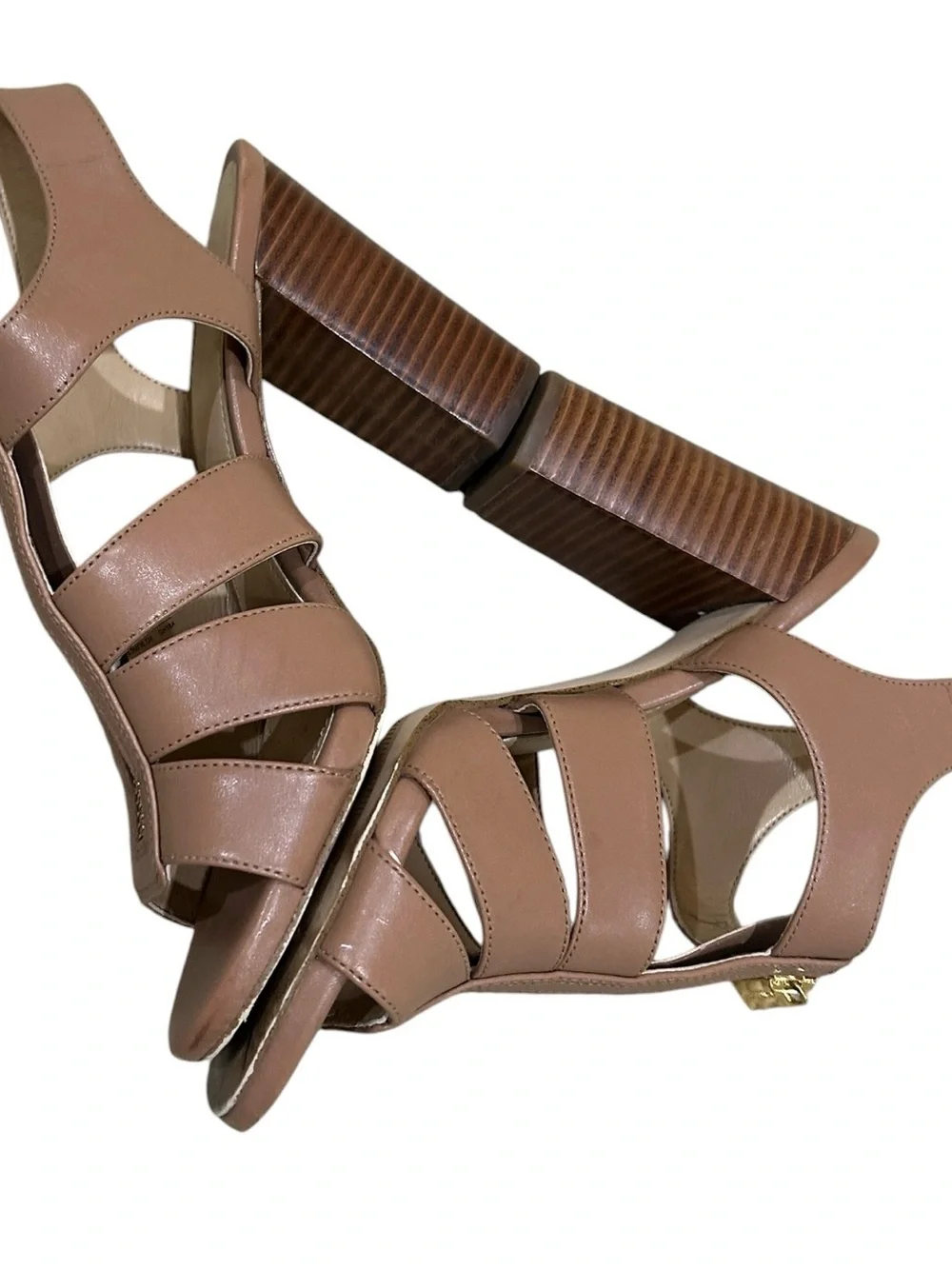Michael Kors Damita Tan Strappy Block Heel Sandals Gold Zip size 6.5